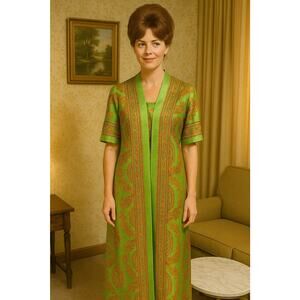 Vintage 1960’s Fifth Avenue Robes Satin Green 2 pc Long house dress robe EUC